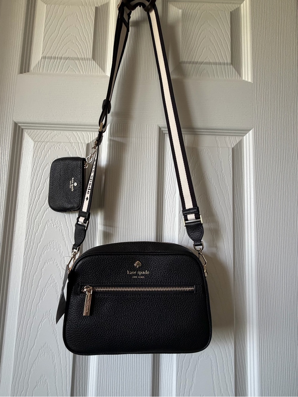 kate spade Black Pebbled Leather Crossbody with Striped Strap